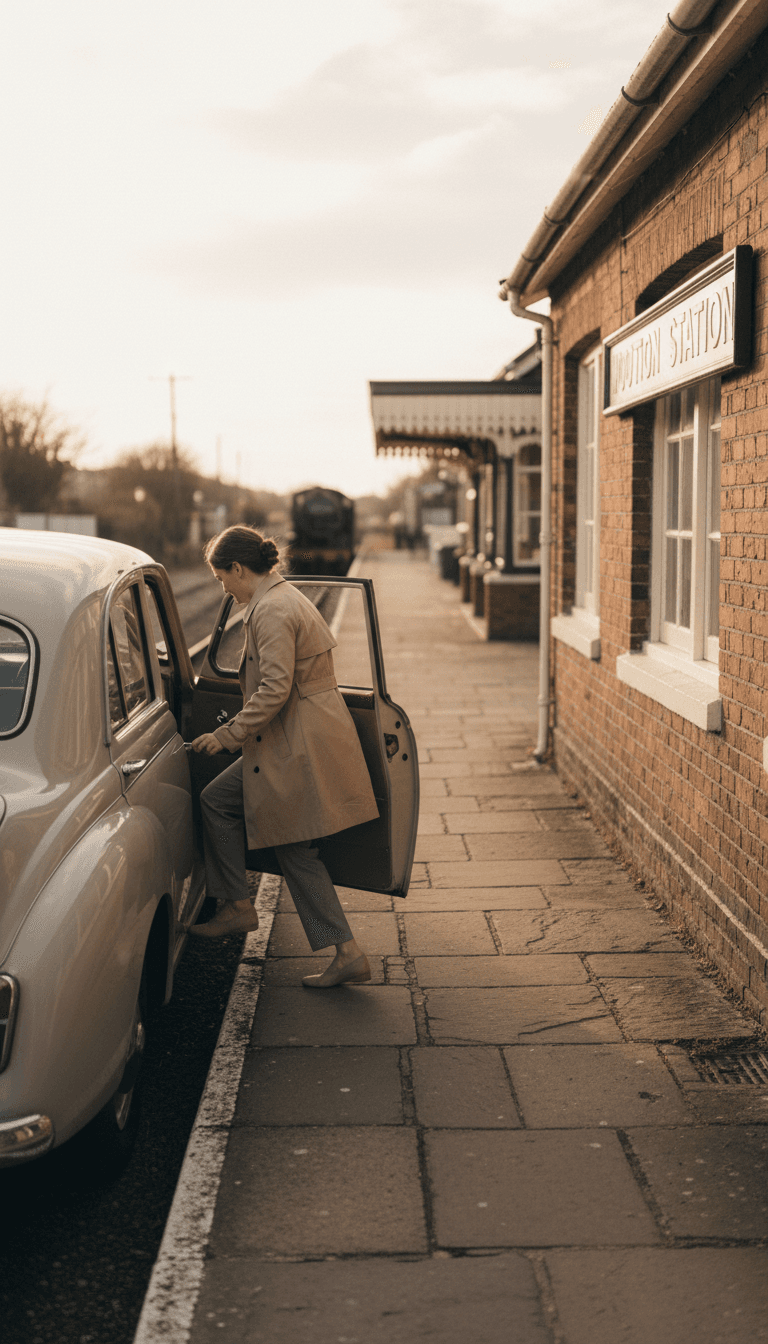 Passenger stepping out of a car at a railway station