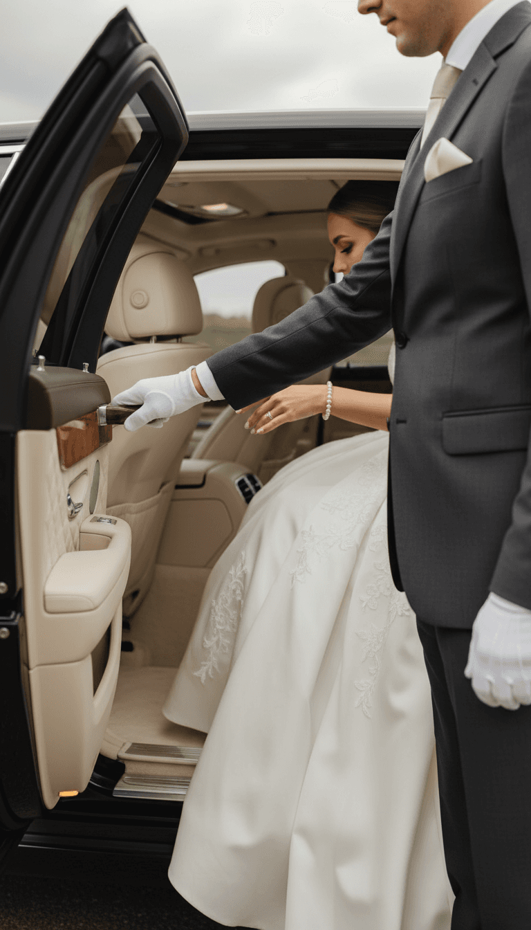 Driver holding the car door open for a bride