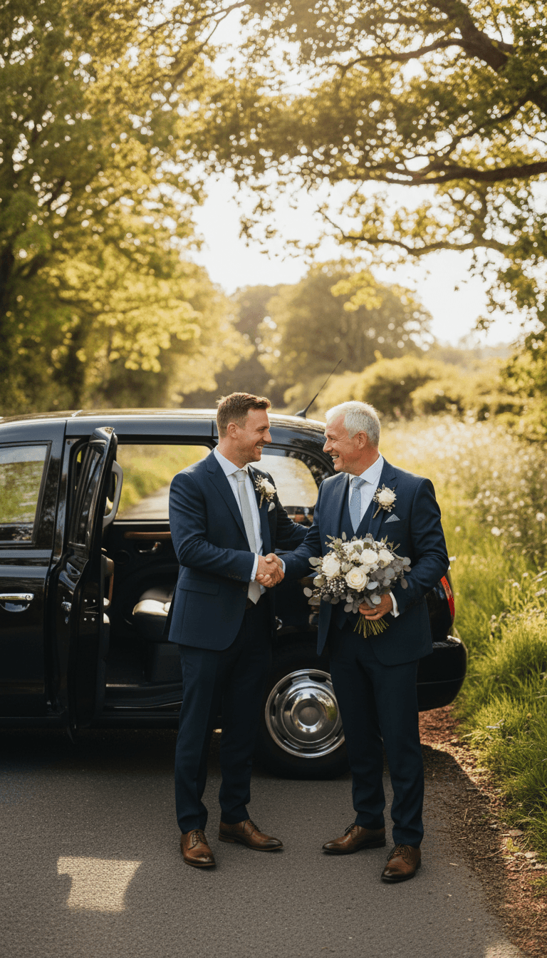 Groom and father shaking hands beside a black taxi on a sunny country lane