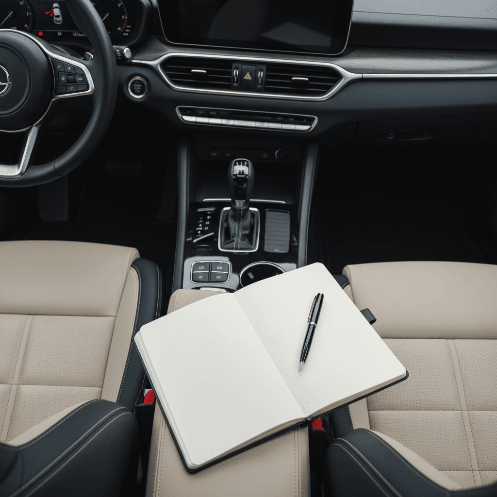 A leather notebook and pen resting on the front passenger seat of a car, with the driver's seat visible in the background.