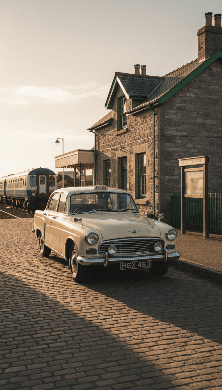 A modern saloon car parked outside a small railway station building on the Isle of Wight