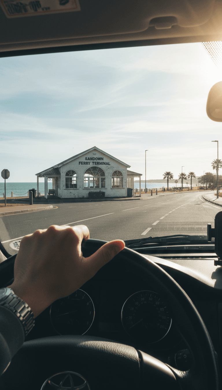 View from inside a WightRides taxi approaching the ferry terminal