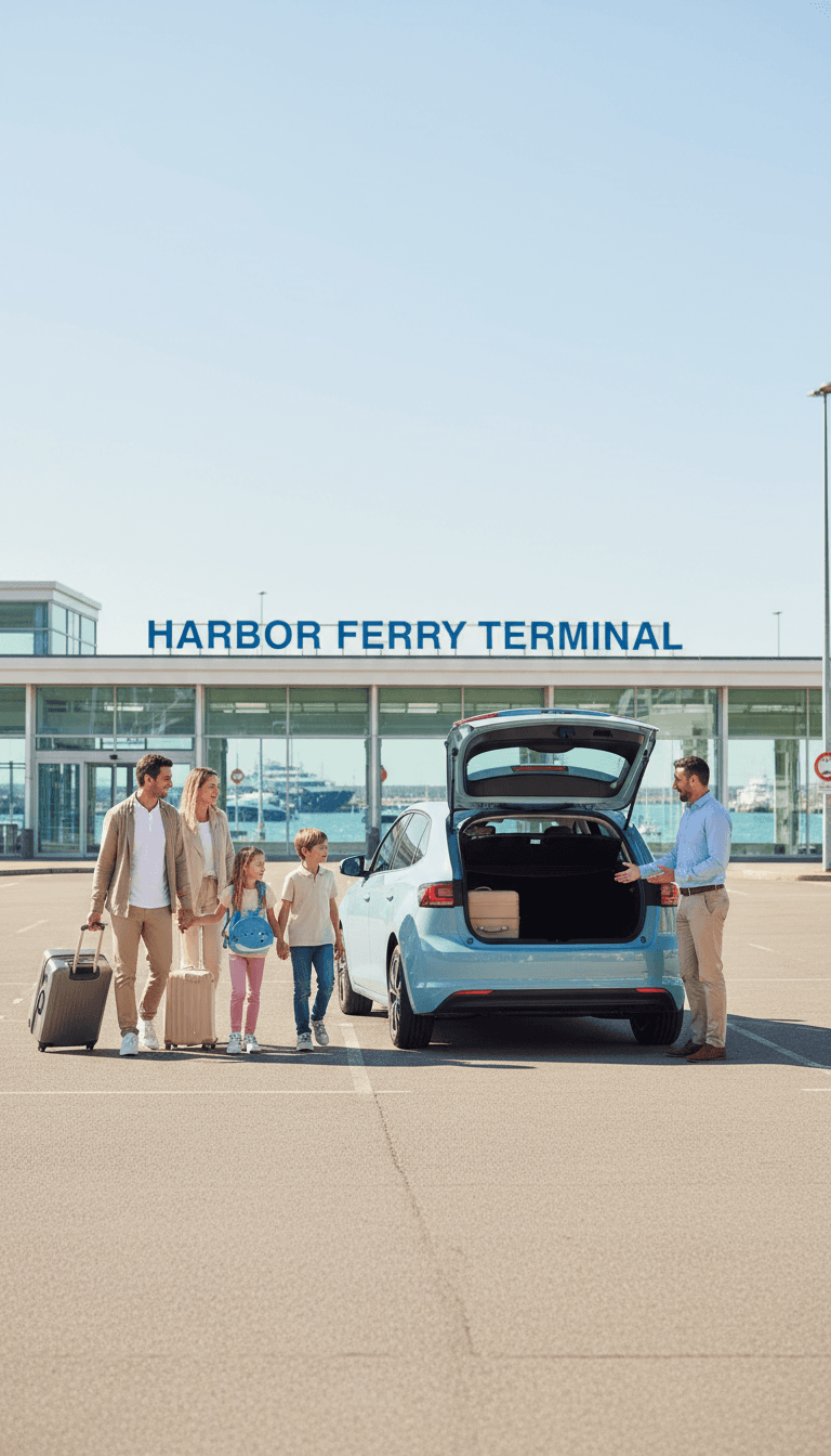 Family with luggage walking towards a WightRides taxi at a terminal