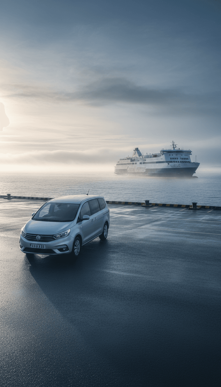 People carrier waiting at a ferry terminal with a ferry in the background