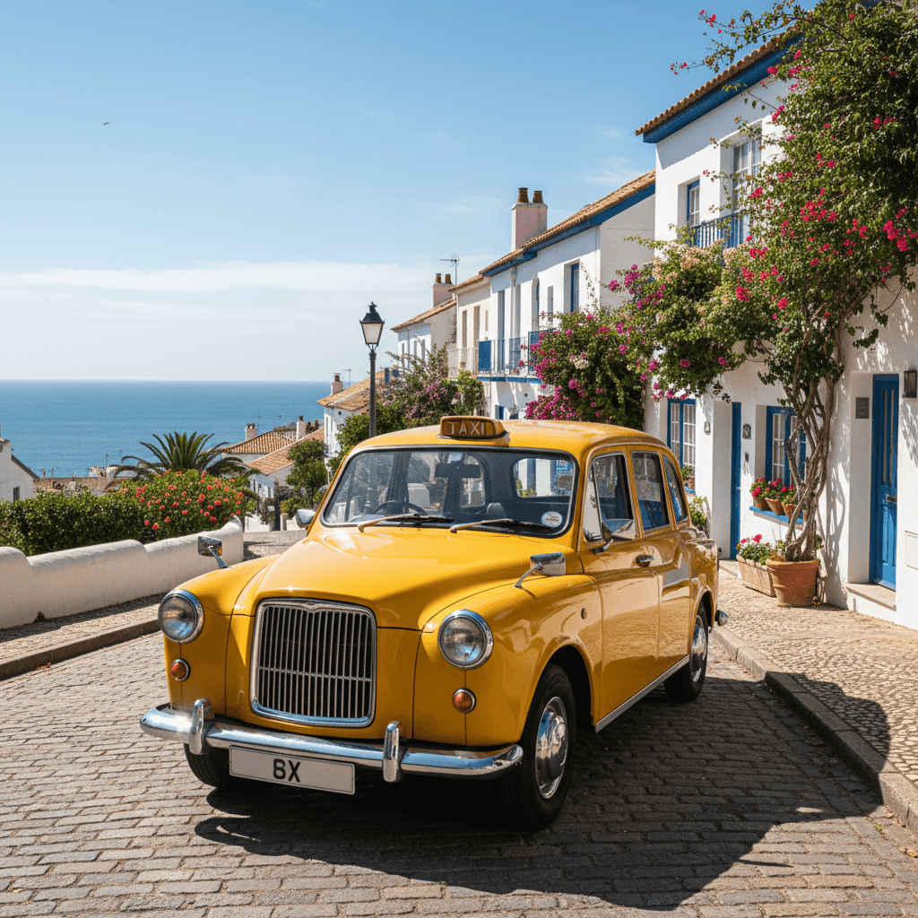 Taxi car parked on a residential street in a seaside town