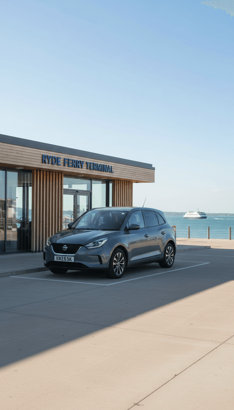Taxi waiting outside a ferry terminal on the Isle of Wight
