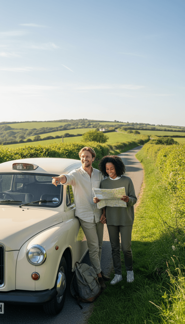 Couple consulting a map by a taxi on a country road