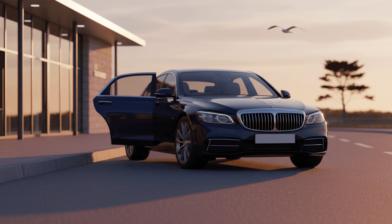 Private hire car waiting at a small airport terminal on the Isle of Wight