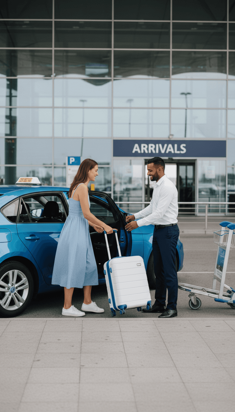 Passenger being helped with luggage by a WightRides driver at the ferry terminal