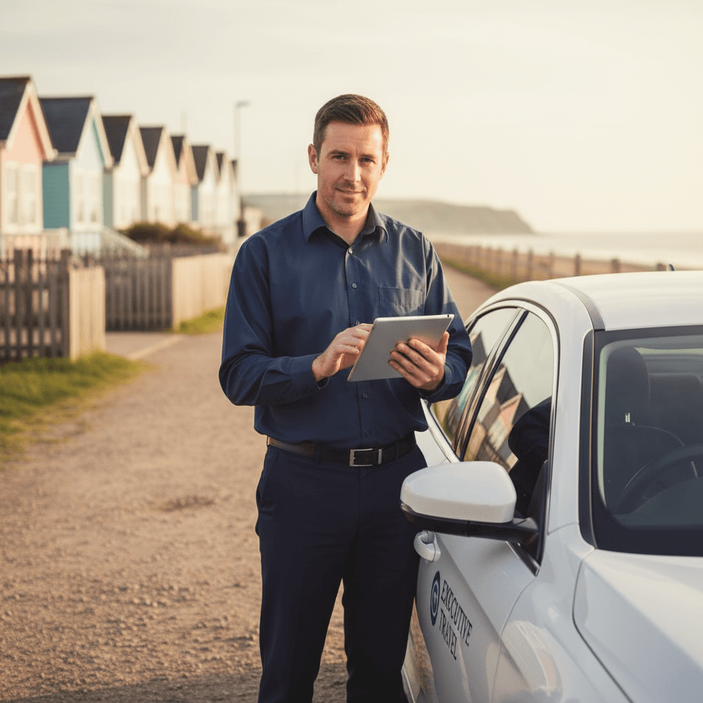 Driver standing beside car checking a booking on a tablet in Sandown