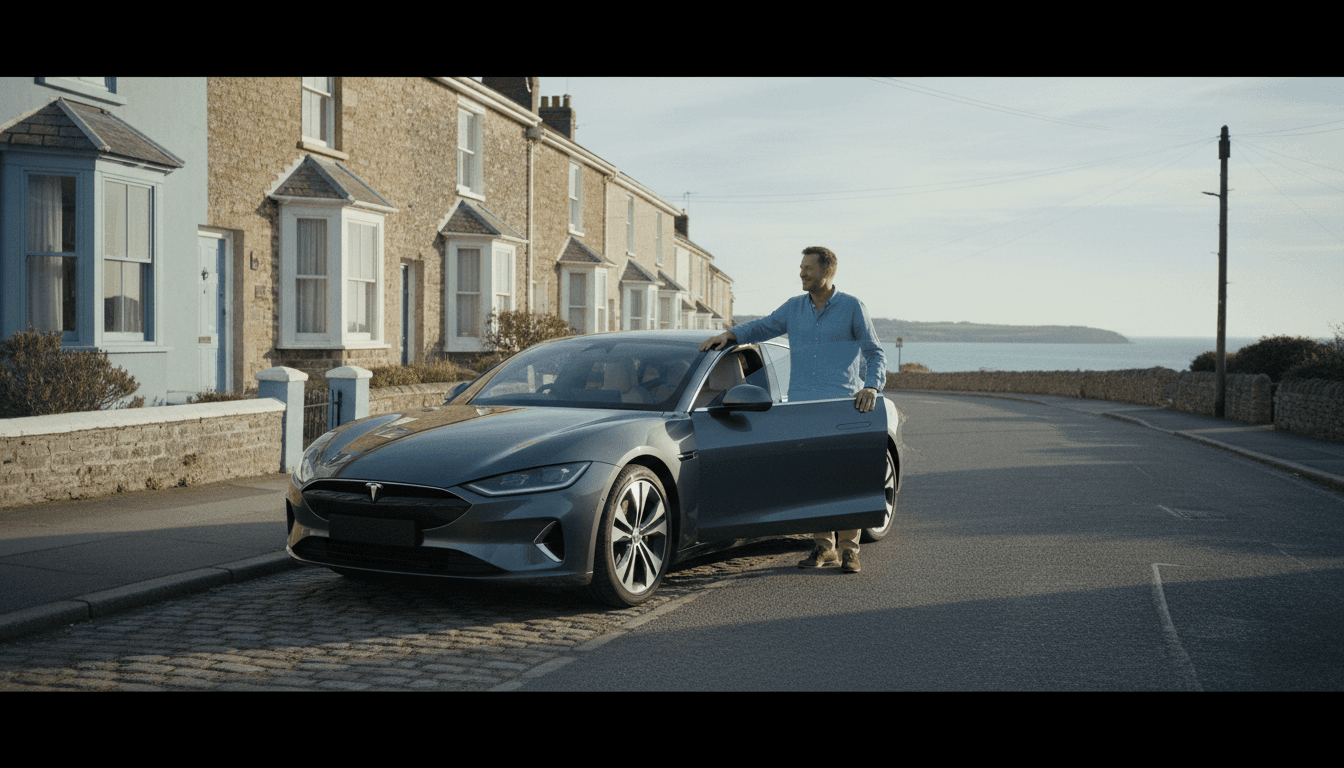 Man standing beside a clean saloon car on a quiet residential street in Sandown, holding the driver's door open, warm afternoon light