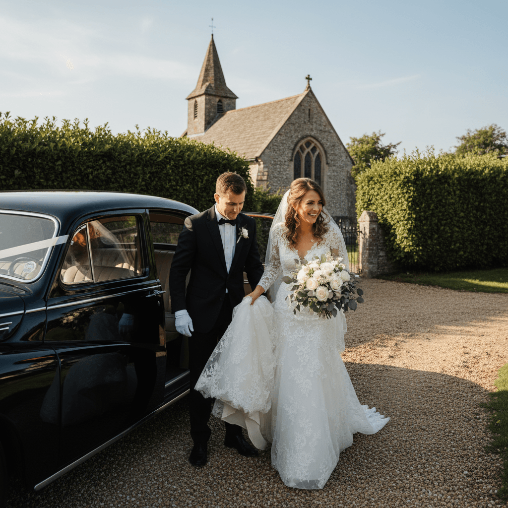 Bride being helped into a saloon car by a driver outside a country church