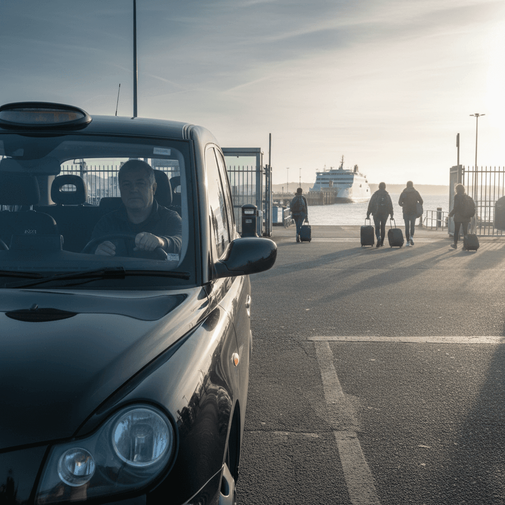 Black taxi waiting at Ryde ferry terminal with the Solent in the background