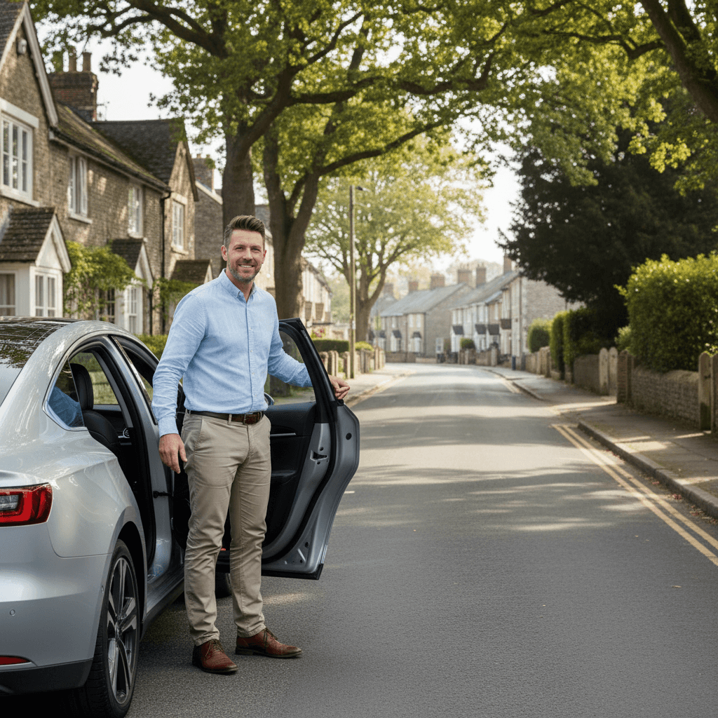 A friendly driver in smart-casual clothes holds open the back door of a silver saloon car on a sunny residential street, ready for passengers.