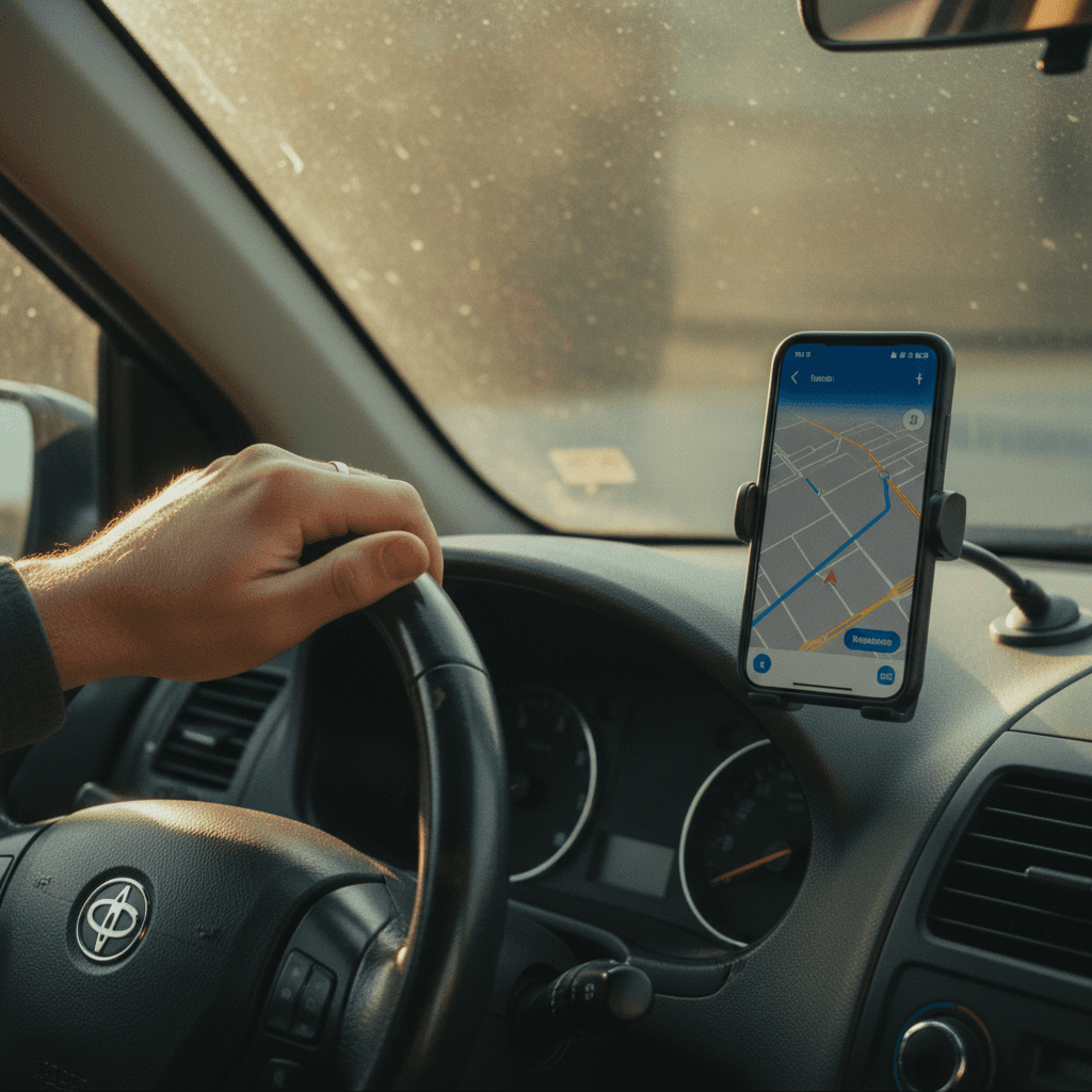 Close-up of a car dashboard with a mobile phone showing a sat-nav route
