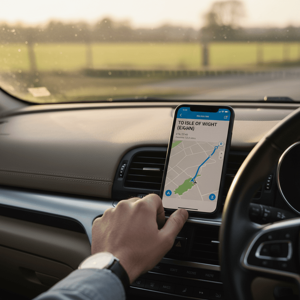 A smartphone showing a route map resting on a car dashboard, with the driver's hand nearby and warm golden light filling the interior.