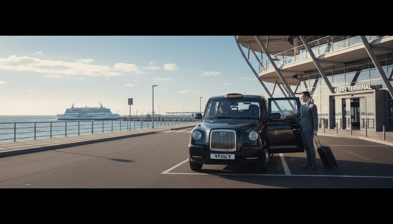 Black taxi waiting outside a cruise terminal with the driver holding the door open