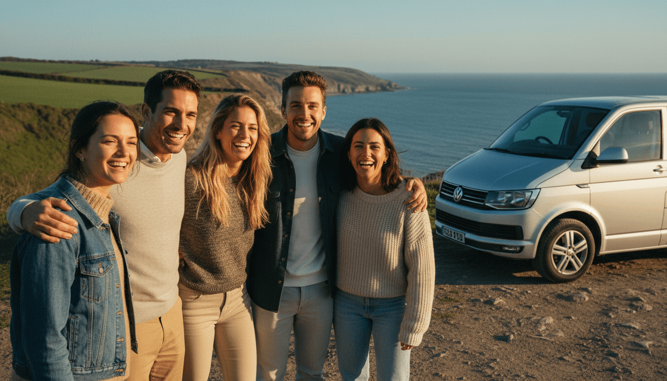 Group of friends smiling at coastal viewpoint on the Isle of Wight with a minibus parked behind them