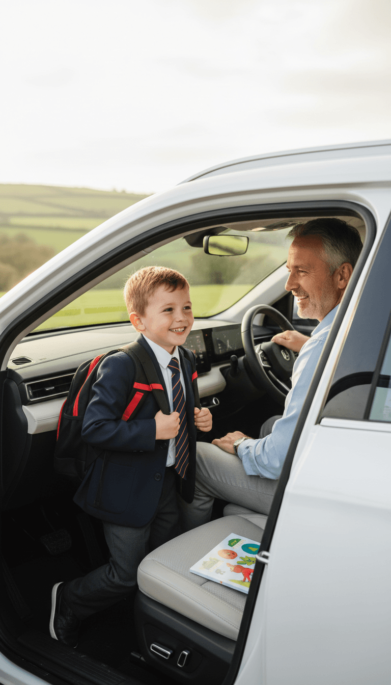 Child in school uniform getting into a car for a safe ride