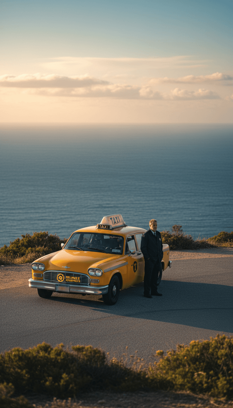 Taxi parked on a clifftop road with the driver looking at the sea