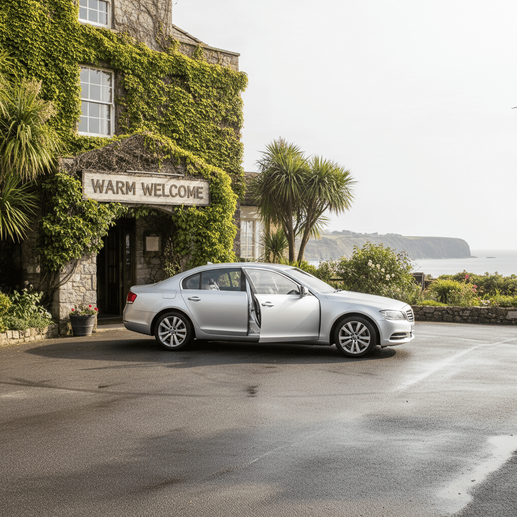Silver saloon car parked outside a hotel on the Isle of Wight.
