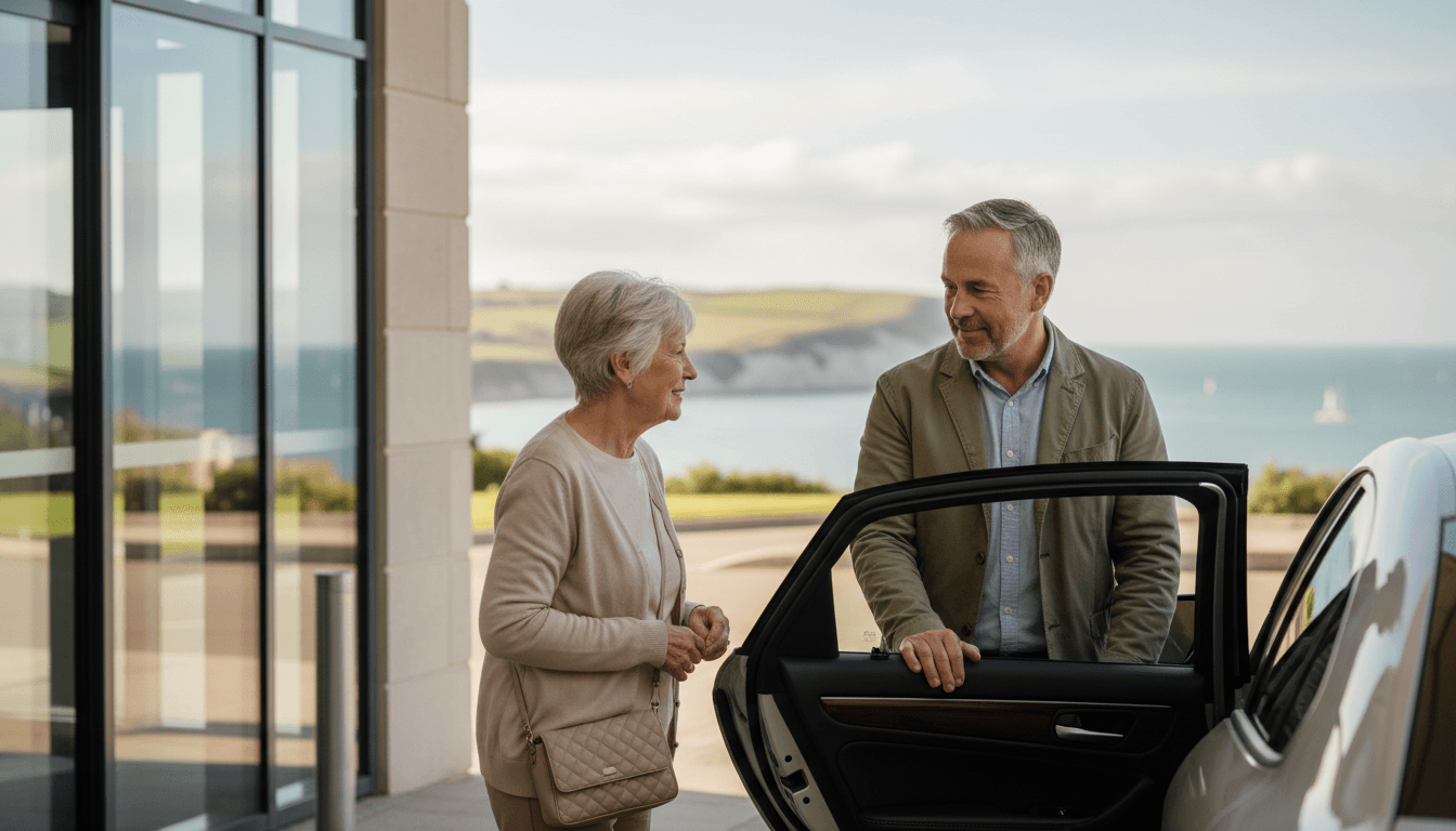 Driver helping a passenger into a car outside a modern clinic building on a sunny morning