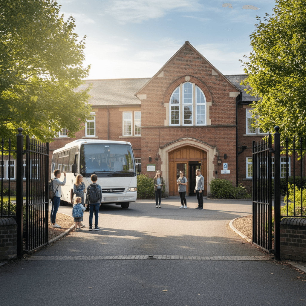 School minibus arriving at school gate during morning drop-off