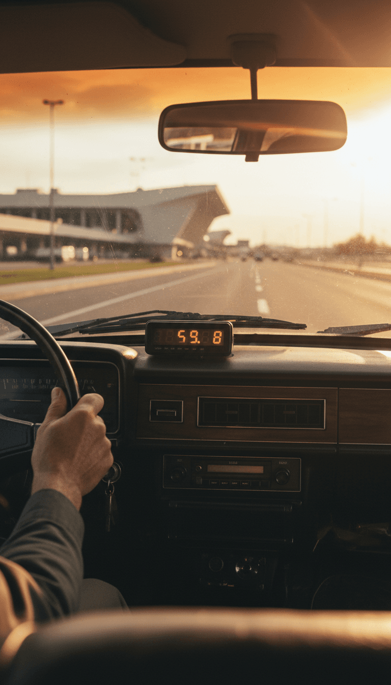 Inside a WightRides taxi with a fixed price display during a ferry transfer
