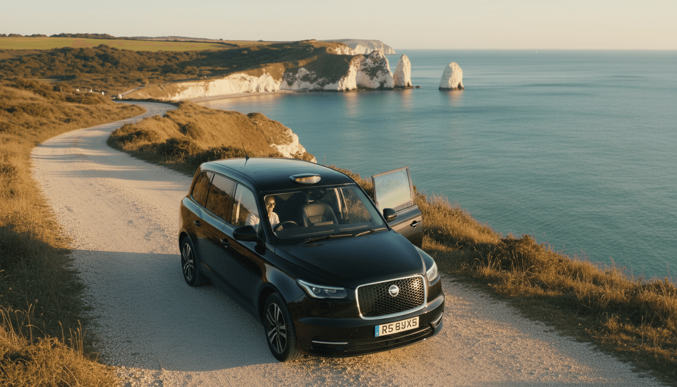 Black taxi parked on coastal road with the Needles rock formation in the background on the Isle of Wight