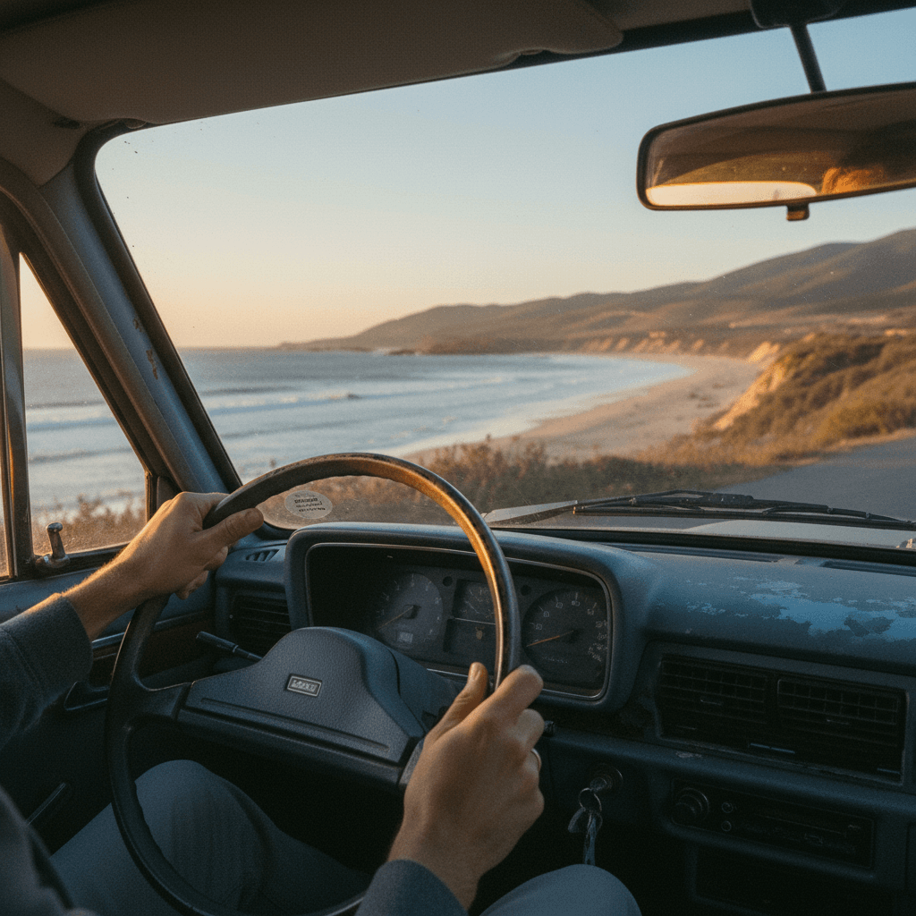 Hands on steering wheel with Isle of Wight coastline visible through windscreen