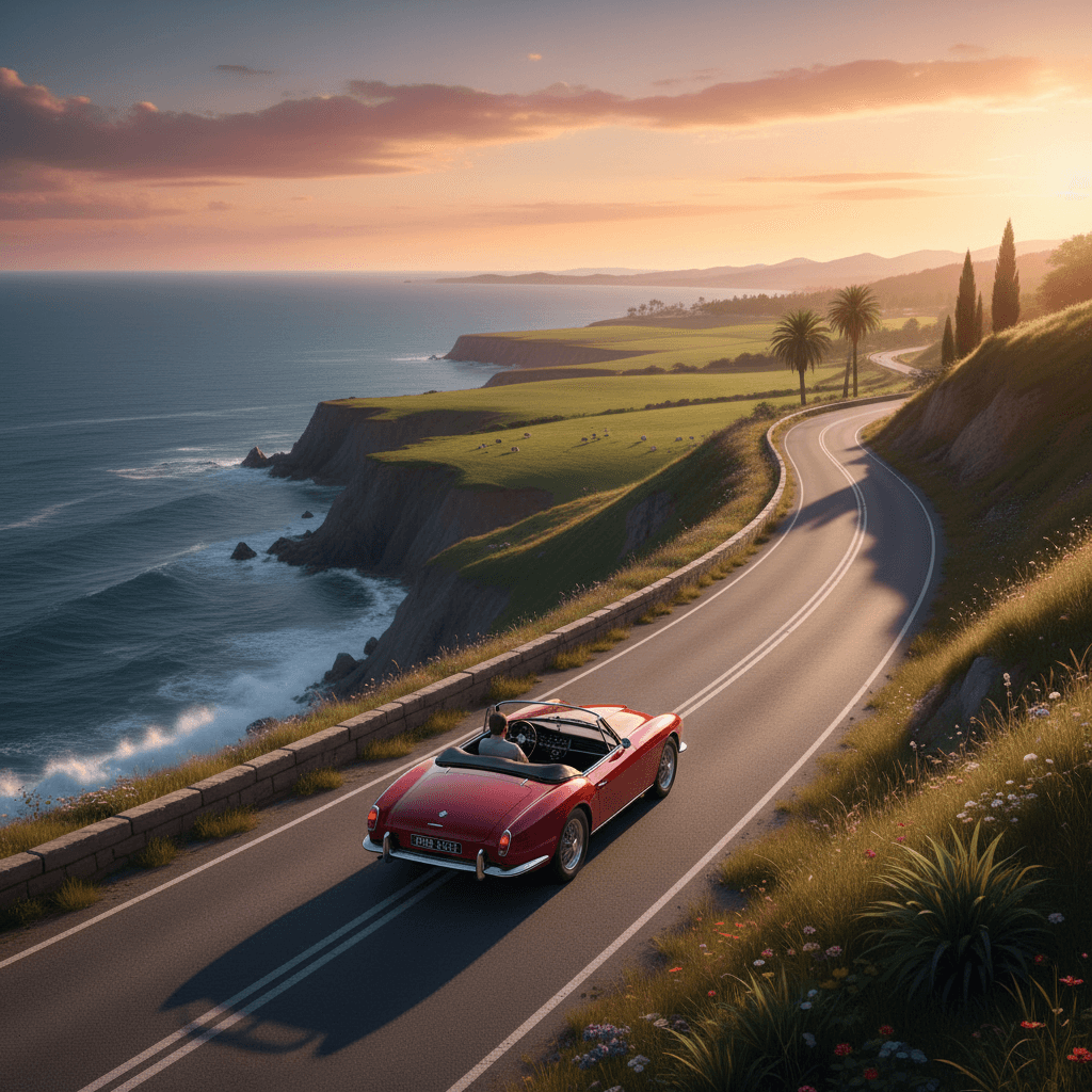 Car driving on an open coastal road with sea and green fields