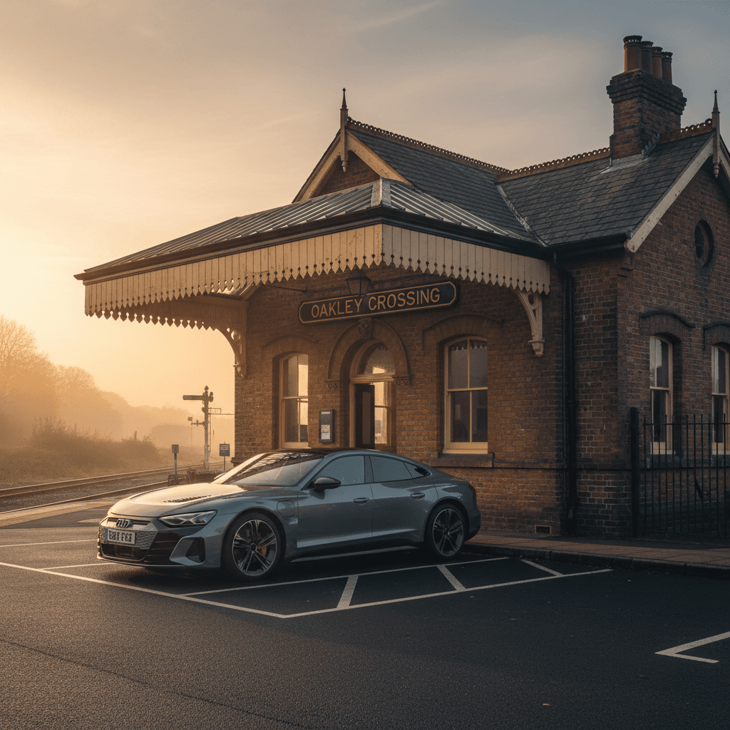 A modern saloon car waiting outside a Victorian railway station in morning light