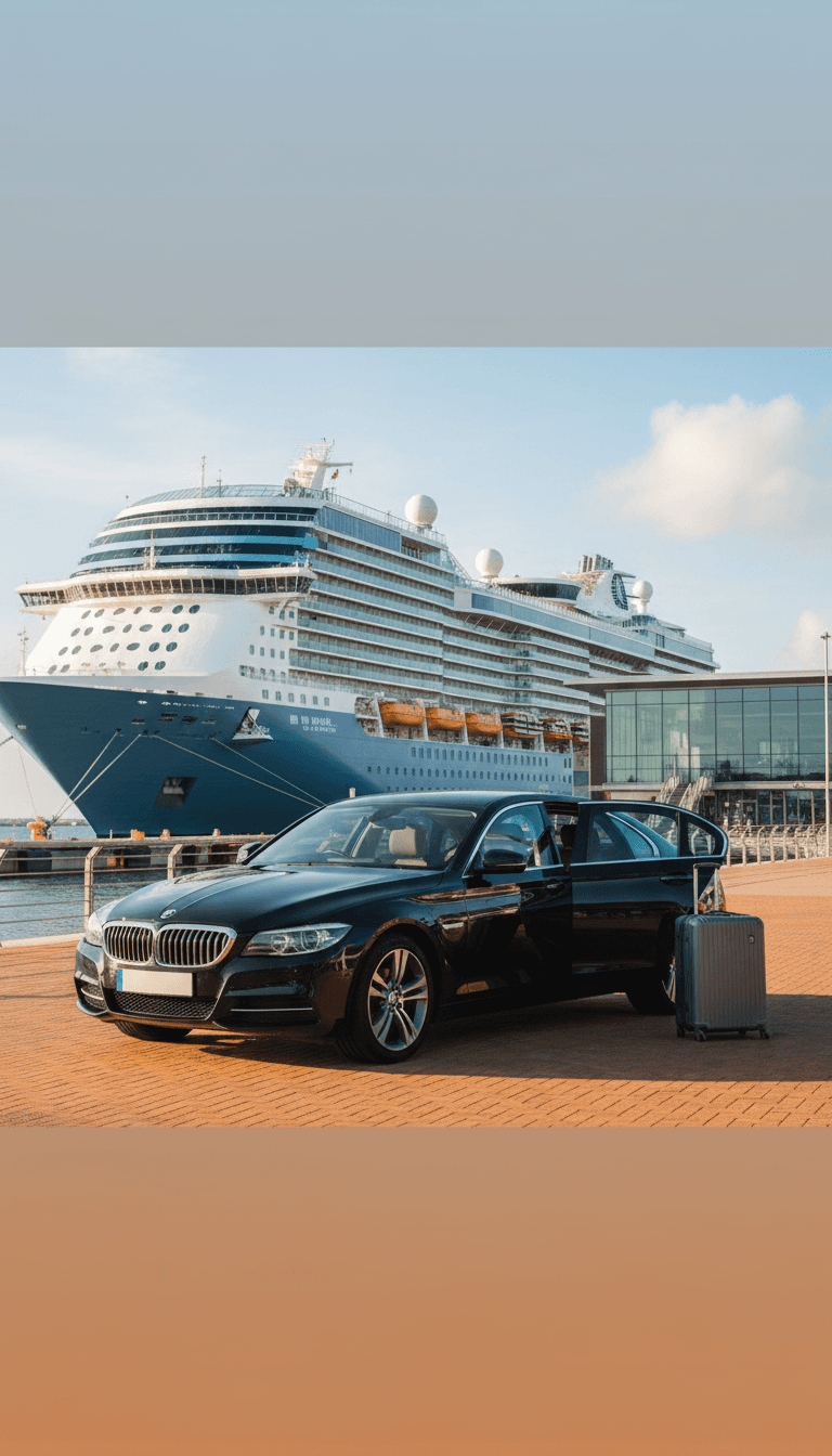 Private hire car waiting at a cruise terminal on the Isle of Wight, ready for passenger pickup