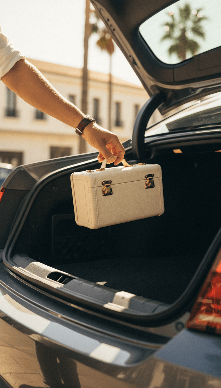 Hand placing luggage into a car boot