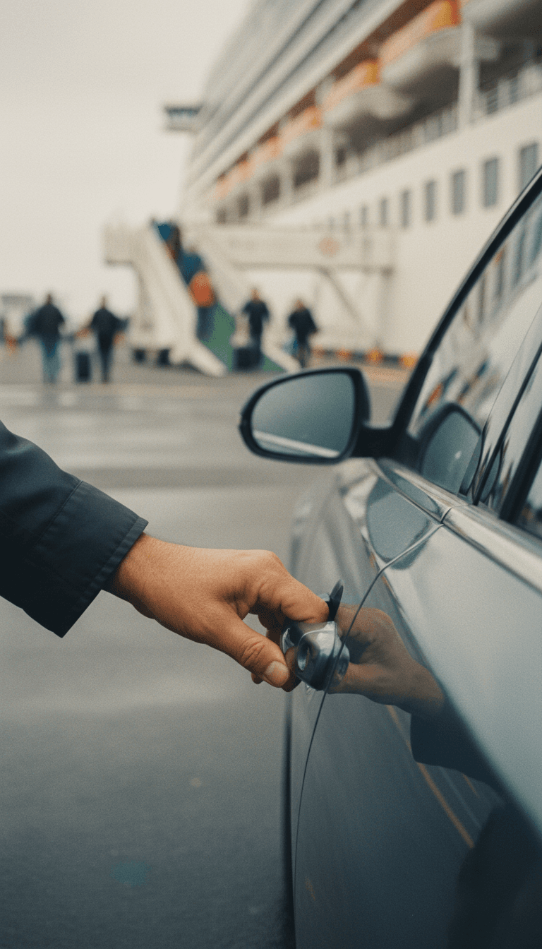 Driver opening car door for a passenger at a cruise terminal
