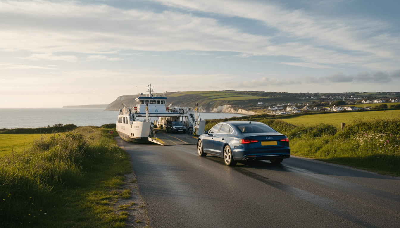 A modern sedan driving on a mainland road with the Isle of Wight coastline in the background