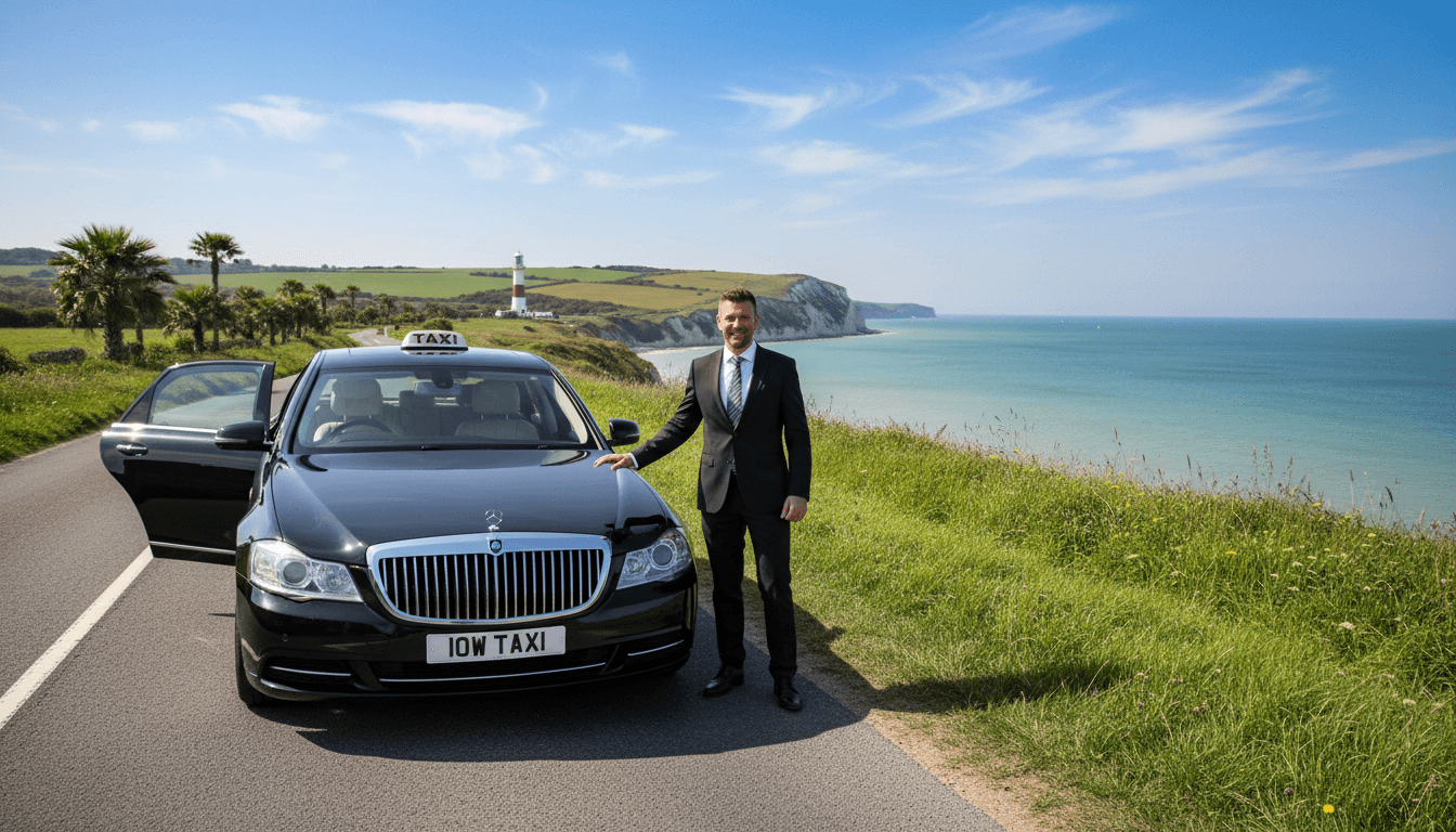 Professional taxi driver standing beside a modern black car on a coastal road with a sunny day