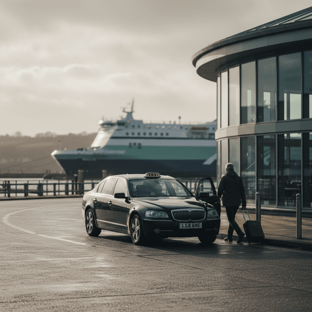 Black saloon car waiting at a ferry terminal pickup point with passenger approaching