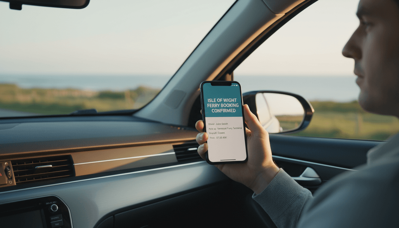 Driver holding a smartphone with a booking confirmation in a taxi on the Isle of Wight