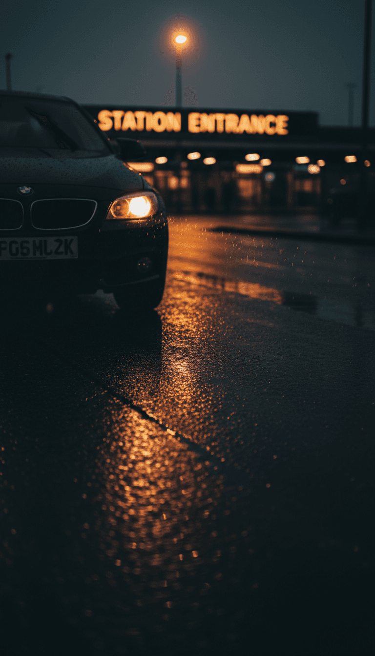 Car headlight reflection on a wet road near a station at evening