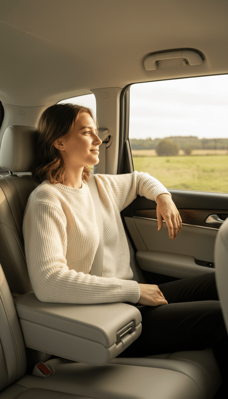 Passenger relaxing in the back seat of a taxi