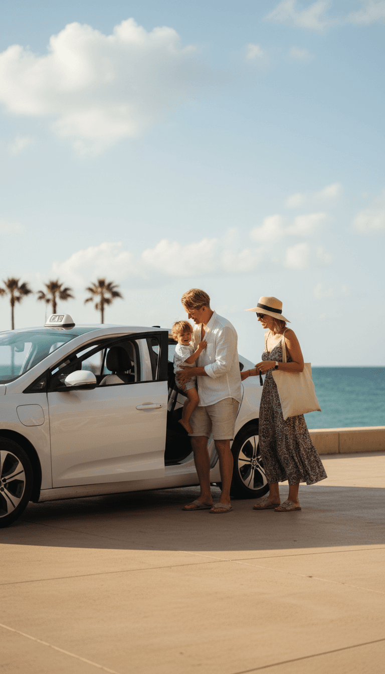 Family getting out of a taxi at a seaside promenade on a sunny day