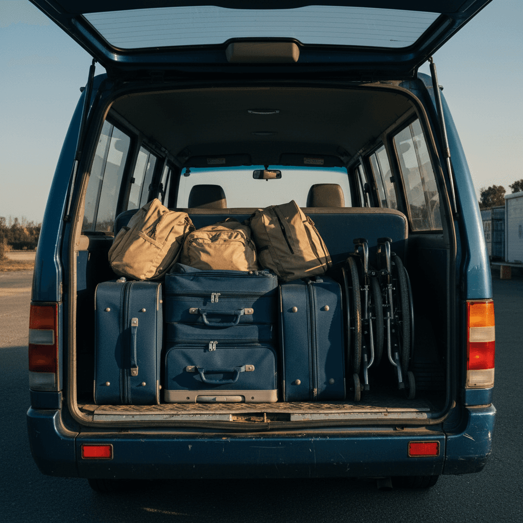 Open boot of a minibus filled with luggage and a folded wheelchair