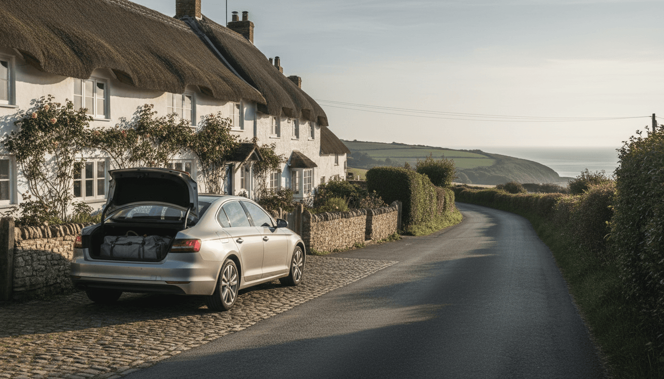Modern sedan waiting on a quiet Isle of Wight lane, ready for an airport transfer