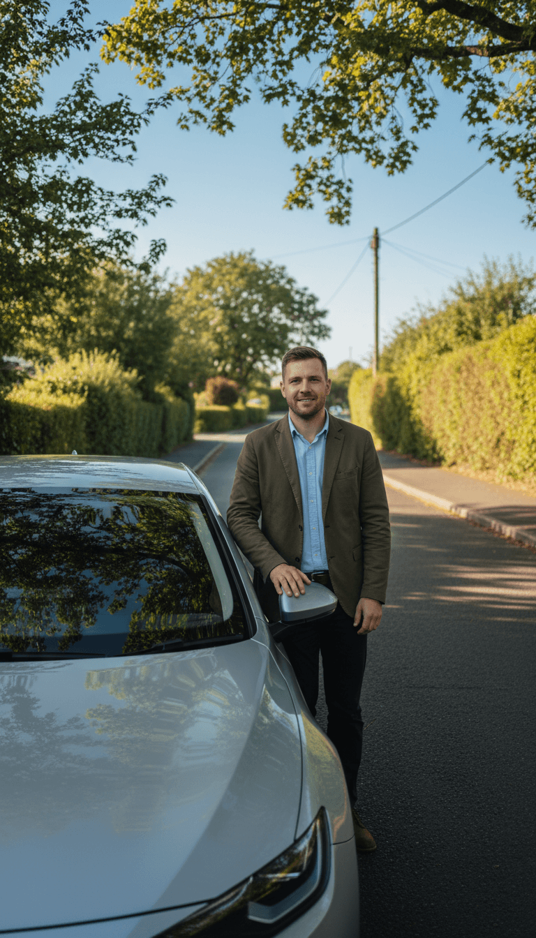 Friendly driver standing beside a silver car on a quiet Isle of Wight street