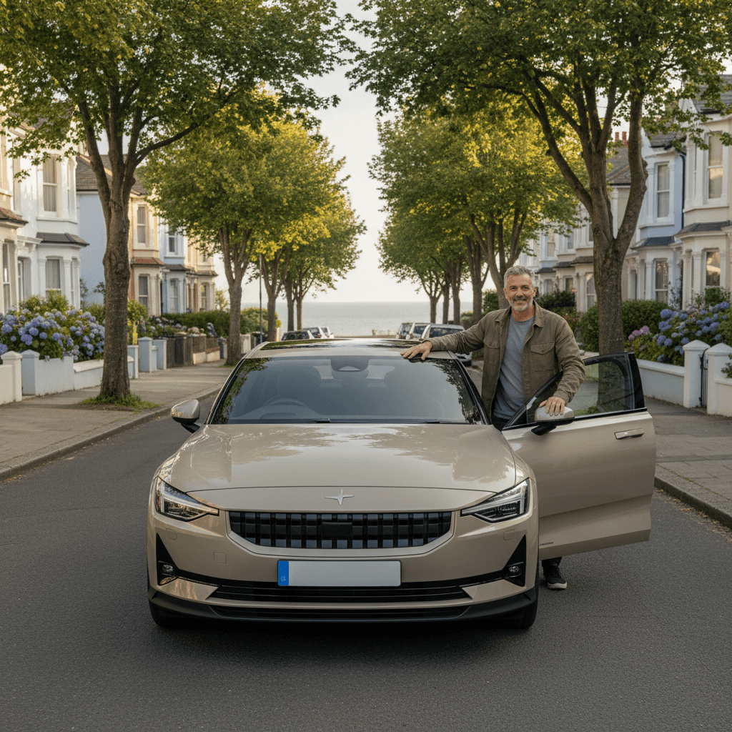 A modern sedan parked on a quiet Sandown street, driver holding the door open for a passenger