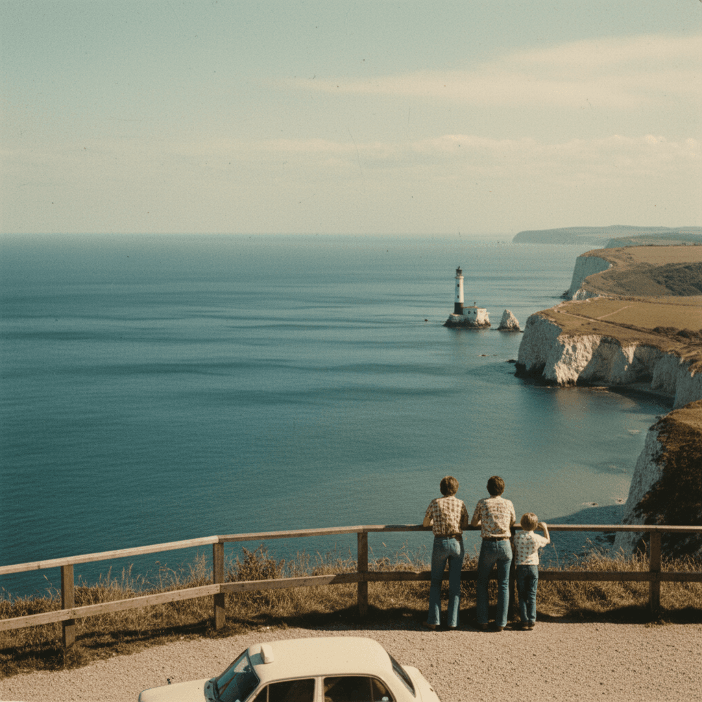 The Needles seen from a clifftop viewpoint with a car park below