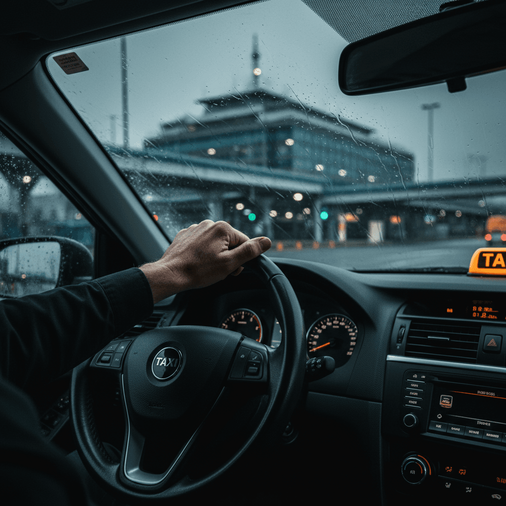 Driver's hand on steering wheel with ferry terminal visible through windshield