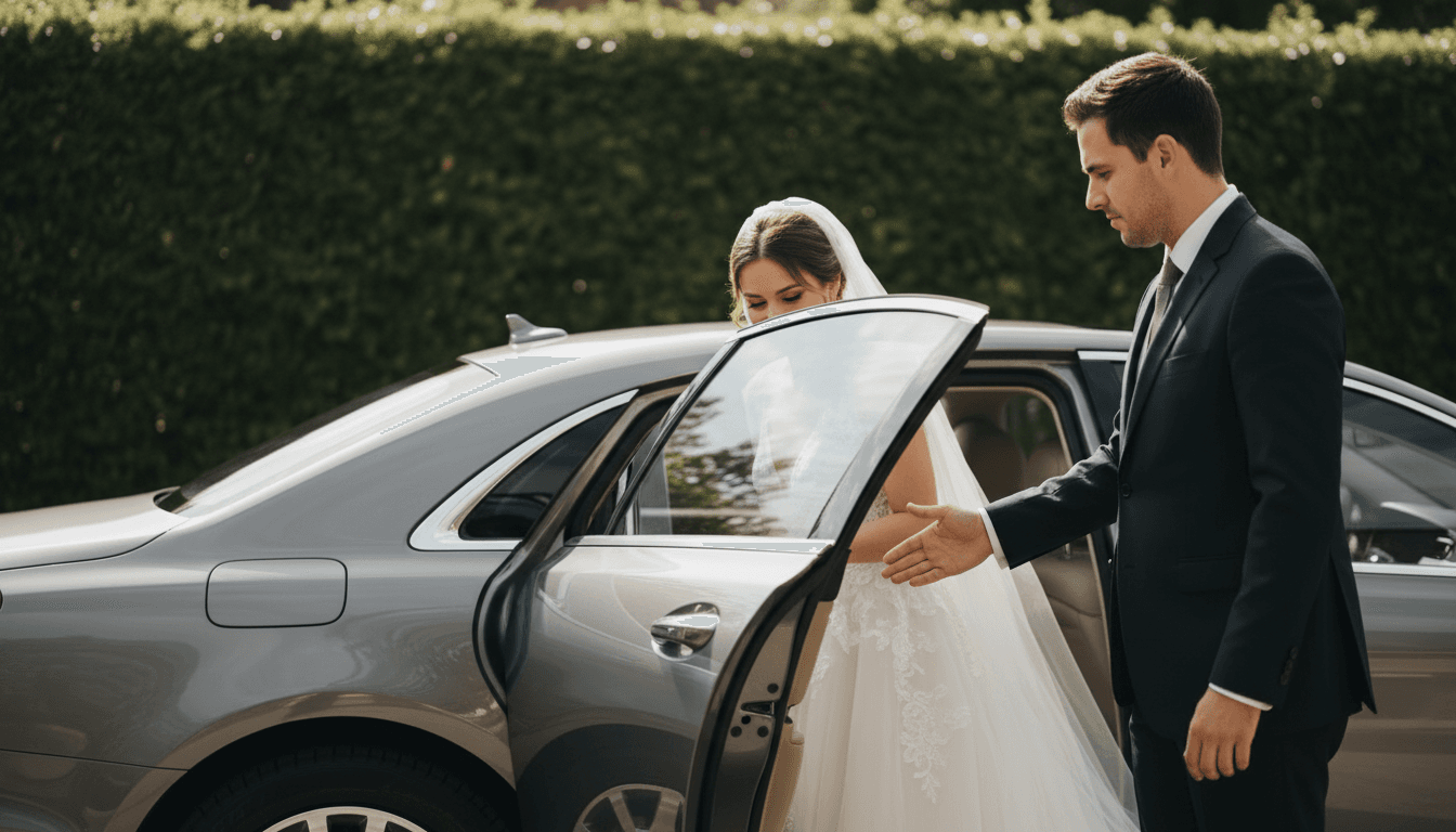 Driver holding the car door open for a bride on a sunny day