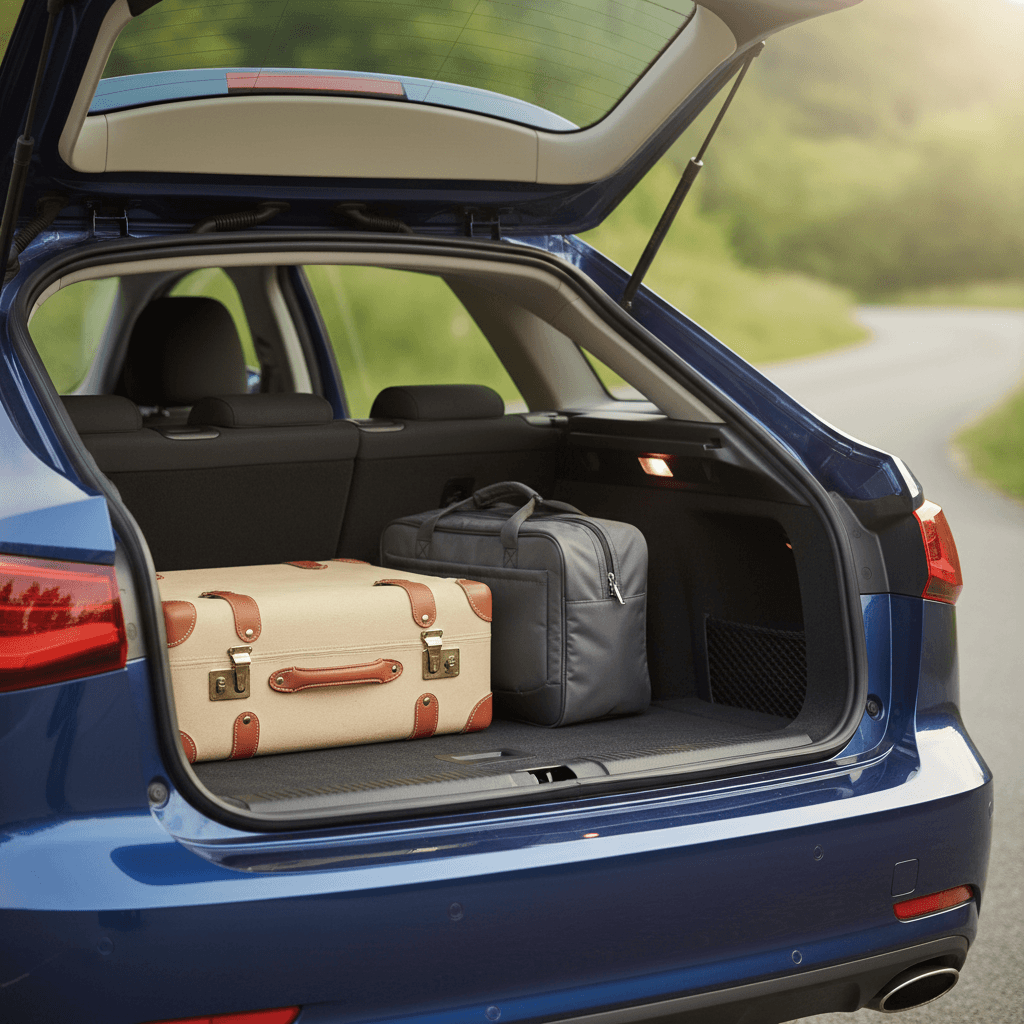 The open boot of a car containing a suitcase and a small bag, with natural light creating a clean, welcoming look.